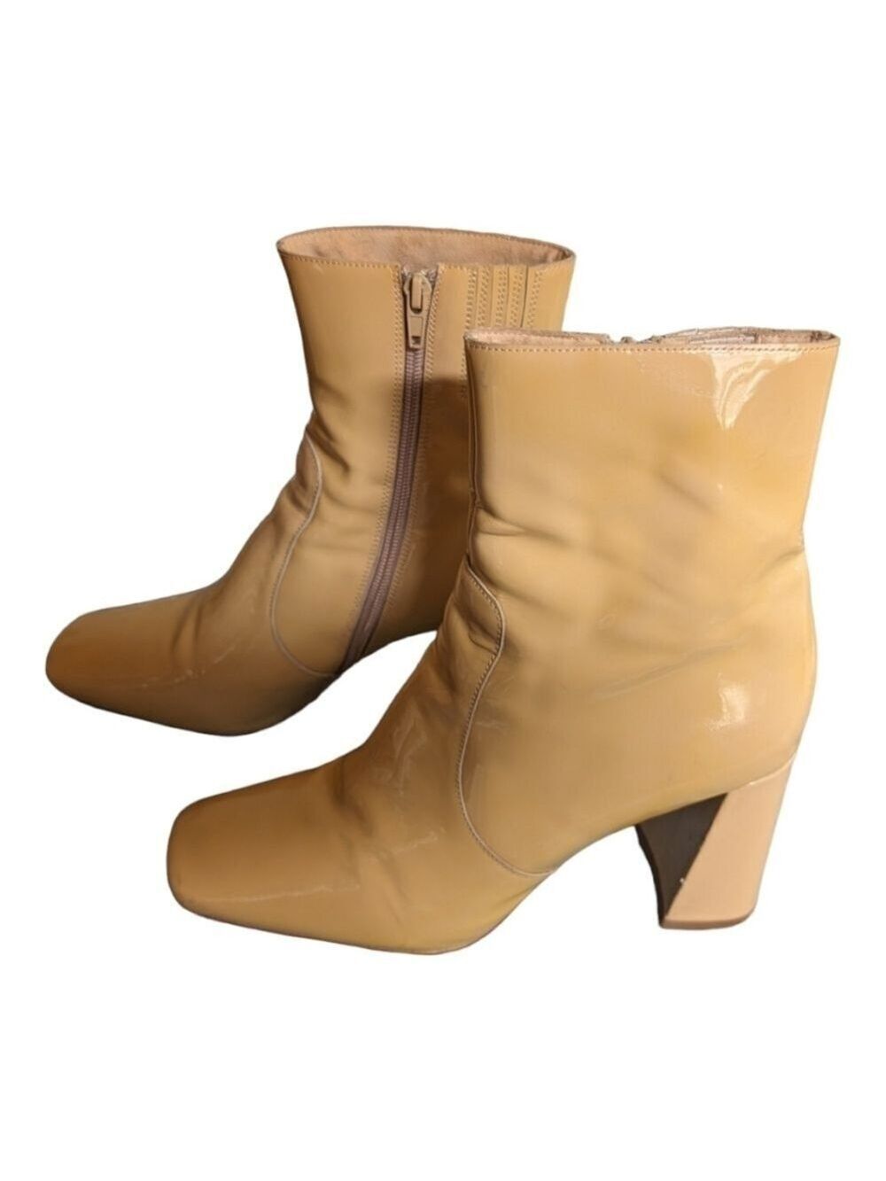 Jeffrey Campbell Caramel Patent Leather square toe booties Size 10 Flaw